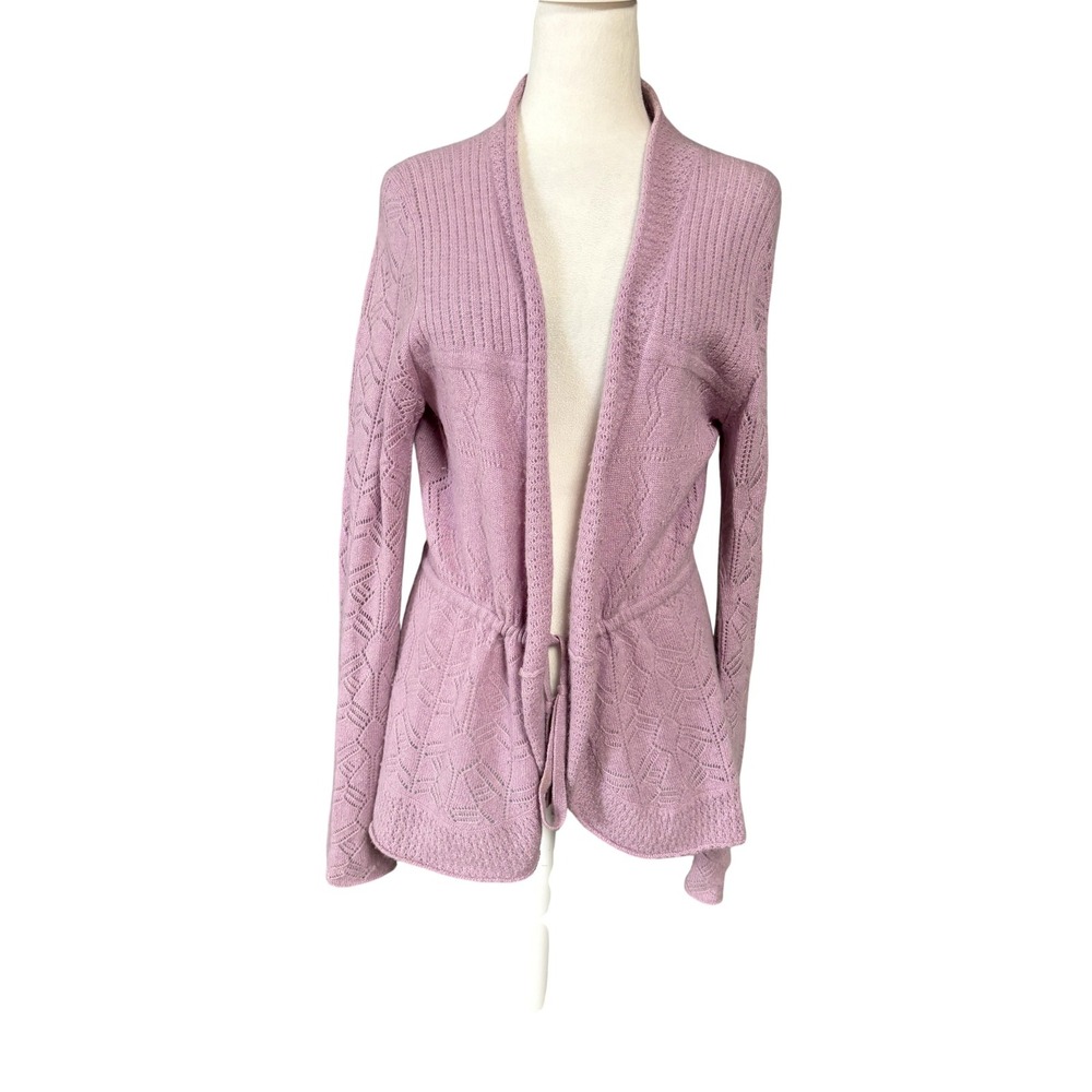 Elena Solano Cardigan Sweater Womens L Purple 100% Cashmere Open Knit Belted